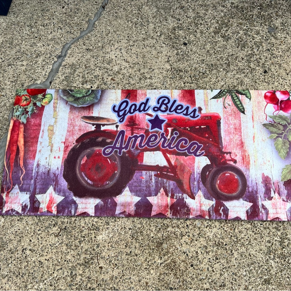 God Bless America Tractor Doormat - Red and Blue